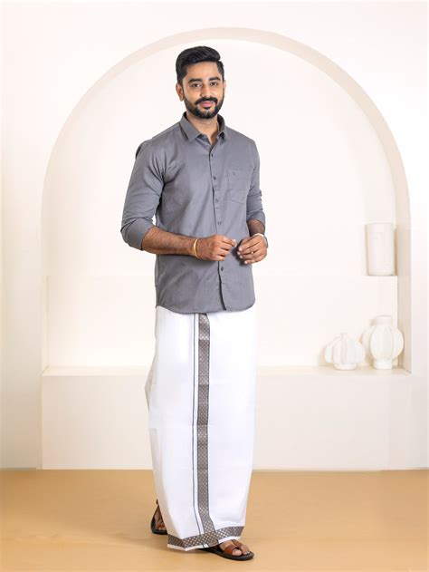 Men 100% Cotton Shuttle Grey Shirt and Fancy Border Dhoti Set BT6