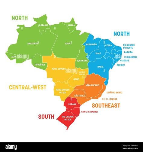 Colorful political map of Brazil. States divide by color into 5 regions . Simple flat vector map ...