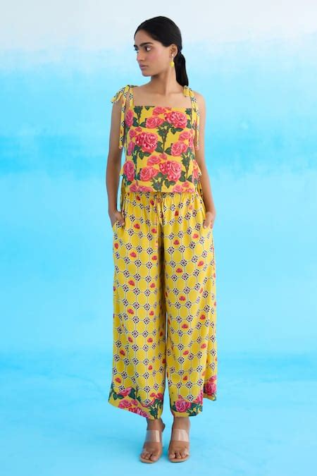 Buy Yellow Cotton Sequins, Beads Square Neck Rose High-low Strappy Top ...