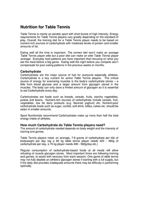 Nutrition for Professional Table Tennis Players (AU) | PDF