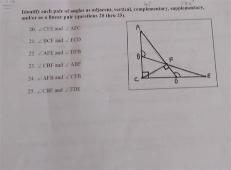 identify each pair of angles as adjacent, vertical, complementary ...