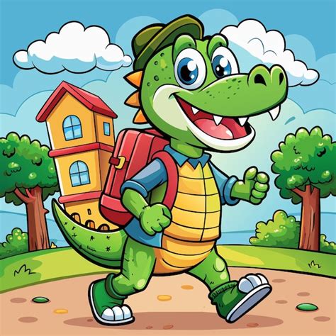 A cartoon image of a dinosaur with a backpack and a house in the ...