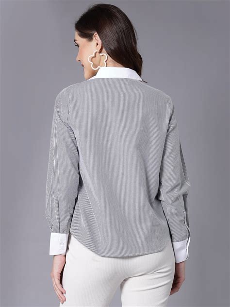 Style Quotient Women Striper Grey and White Polyester Formal Shirt ...