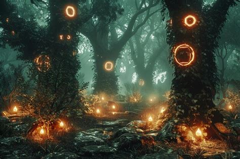Mystic runes glowing in an ancient forest octane r | Premium AI ...