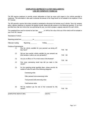 2011 Form Employee Representation Regarding Use of Company Vehicle Fill ...