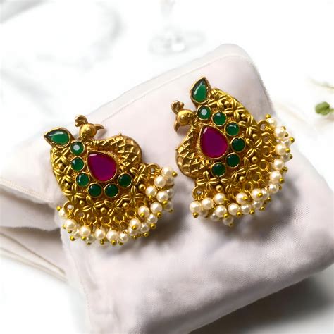 Antique Golden Plated Peacock Design Earrings with Hanging Pearls ...