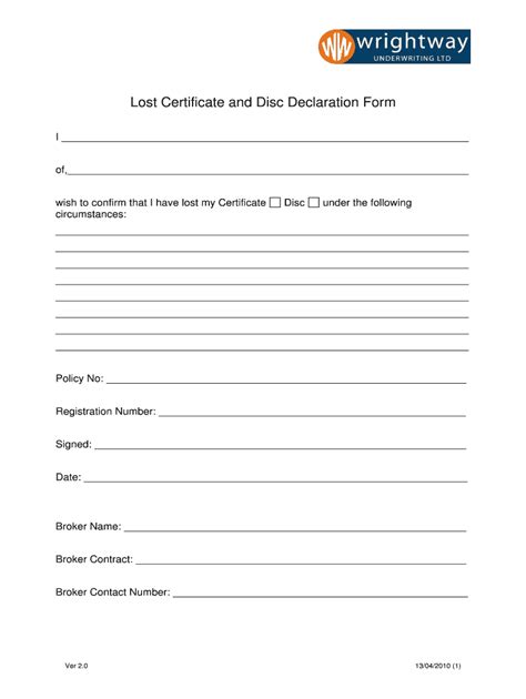 Lost Certificate and Disc Declaration Form - Blank Fillable Template ...