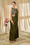 Buy Green Chiffon Embroidery Round Neck Pre-draped Saree With ...