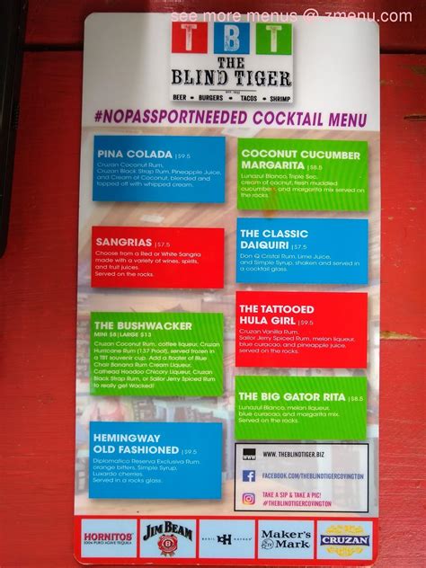 Menu at The Blind Tiger pub & bar, Covington