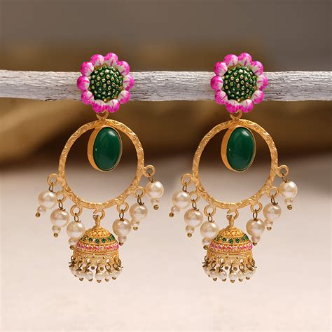 Laila – Stone-Studded Hanging Pearl Jhumki Earrings (Green) – Tvisii