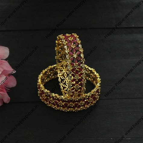 Thick Flower Cubic Zircon & AD Stone Gold Plated Bangles – Happy Pique