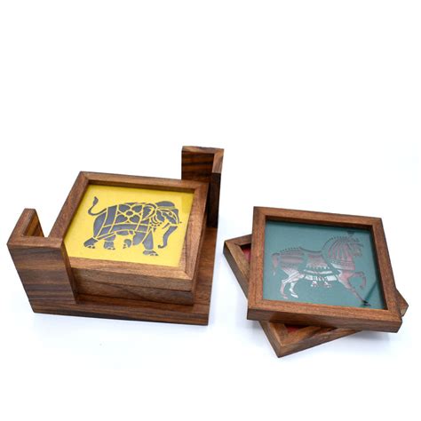Premium Handmade Wooden Tea Coasters with Glass Top and Animal Stencil ...
