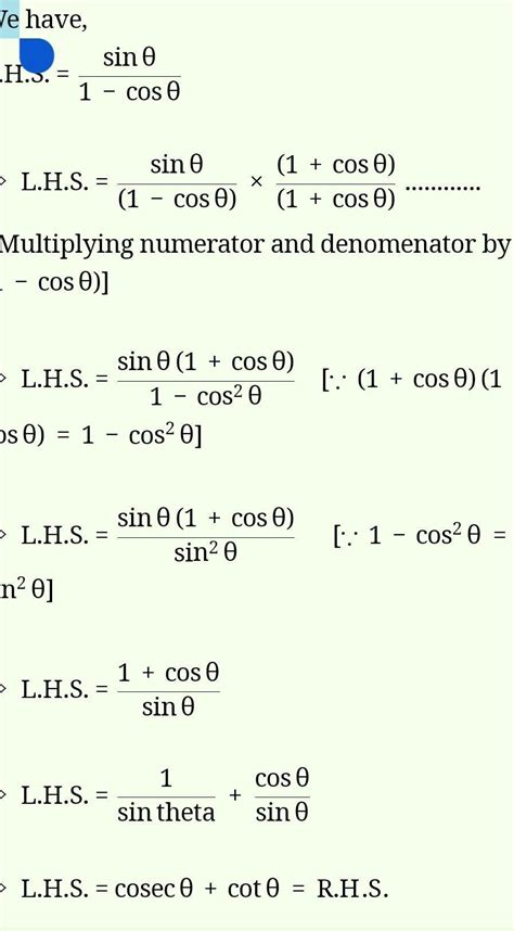 cos theta point cot theta upon 1 - sin theta 1 - equal to cosec theta ...