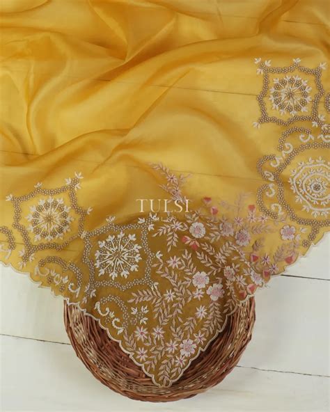 Buy Yellow Kora Organza Hand Embroidery Saree T491269