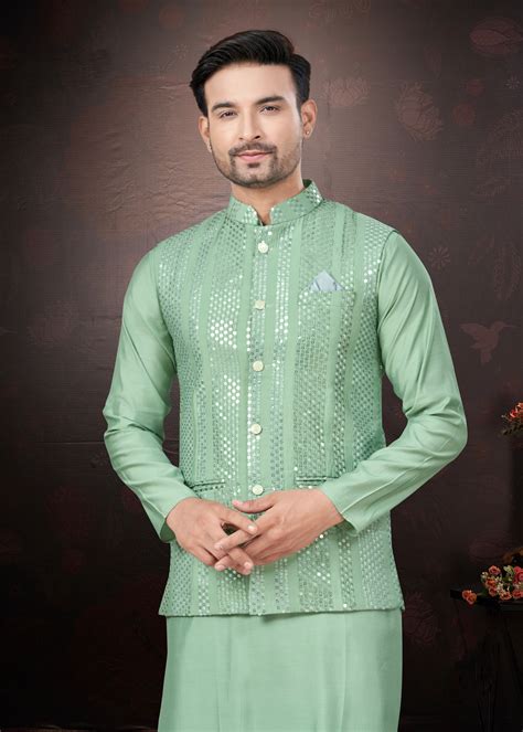 Green Pure Silk Mirror Work Jacket Kurta Pajama Set – Anant Exports