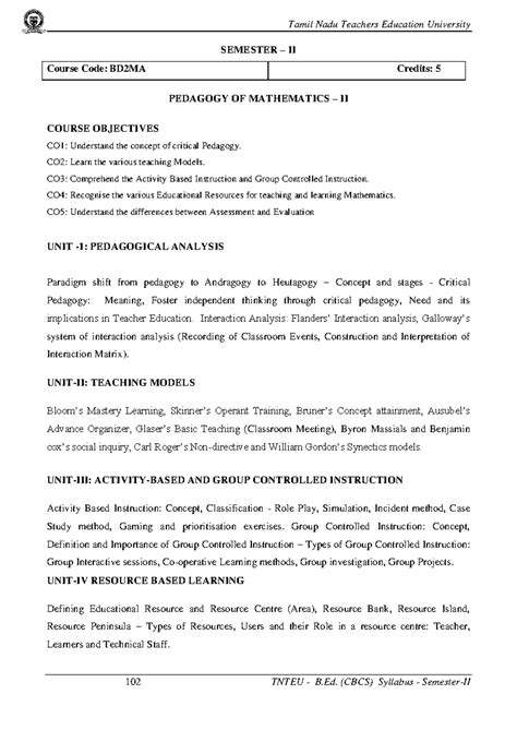 Pedagogy of Mathematics II - TNTEU B.Ed. (CBCS) Semester II Notes - Studocu