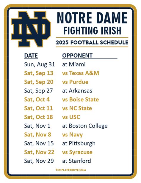 Printable 2025 Notre Dame Fighting Irish Football Schedule
