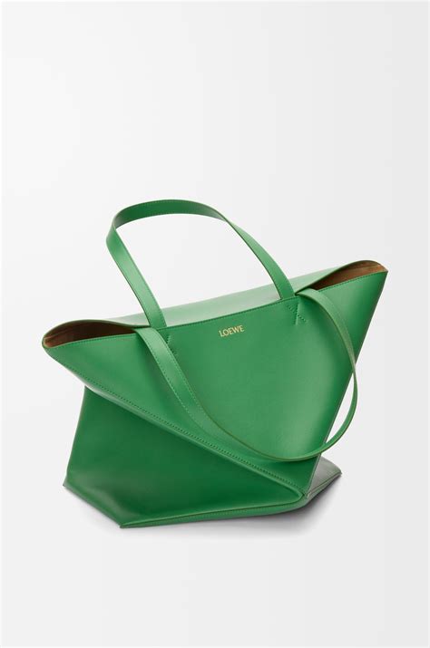 XL Puzzle Fold tote in shiny calfskin Tropical Green - LOEWE