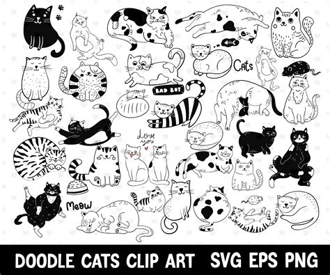 Cute Cats Doodles Clipart Svg Png Bundle, Cat Doodle Svg, Animal Hand ...