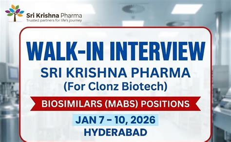 Sri Krishna Pharma Walk-in Interview 2026 | Clonz Biotech Jobs ...