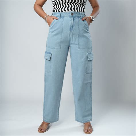 Women's Light Blue Relaxed Fit Cargo Jeans – GlamZei