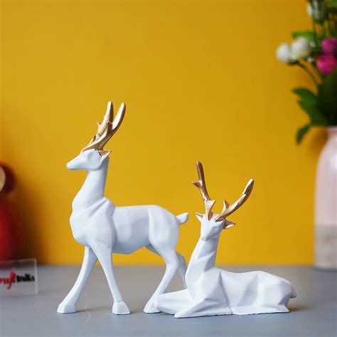 Set of 2 Golden & White Reindeer Statues Animal Figurines Decorative S ...
