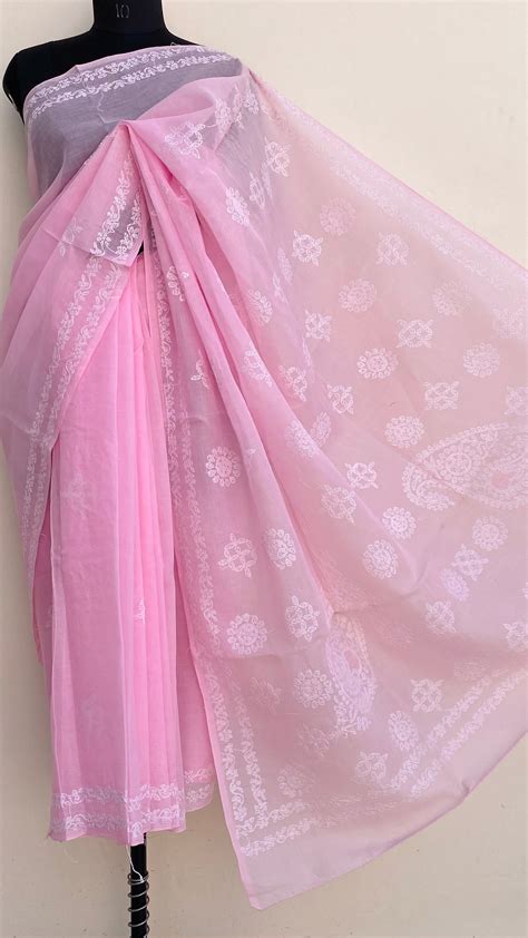 Lucknowi Chikankari Saree Pink Cotton With Jaali Work – Chikirpolo