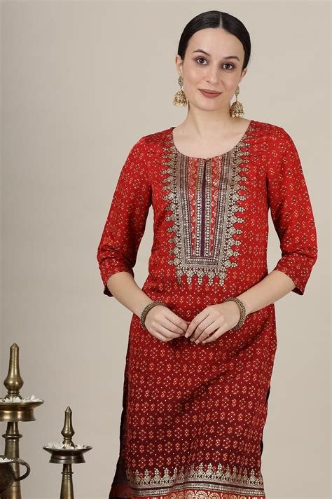 Buy Red Ombre Gold Foil Printed Straight Kurta Online for Woman | Shop ...