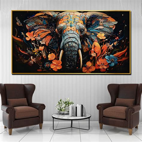 Tusk in Floral Beauty Elephant Framed Crystal Glass Painting – fablecasa