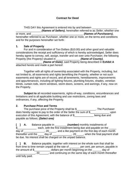 Contract for Deed - Blank Fillable Template | Fill Out, Print ...