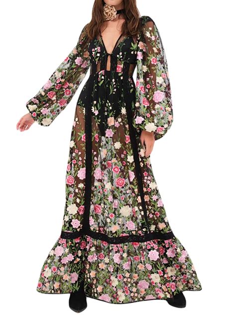 Taoocy Women Backless Floral Mesh Sheer Cover Up Dress See Through Lace ...