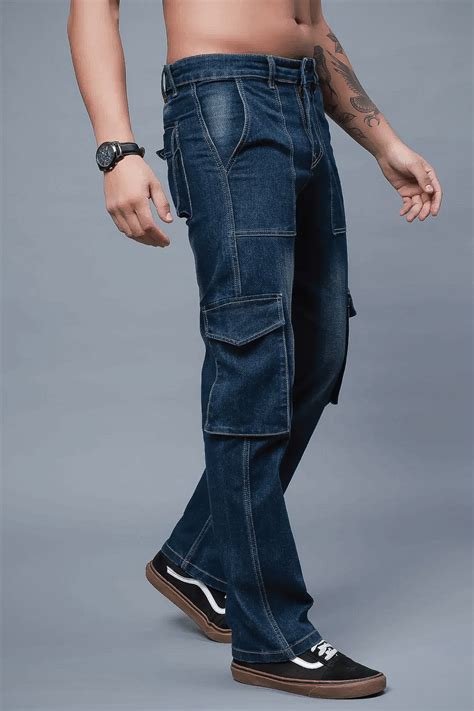 Men Multi Pocket Dark Blue Cargo Denim Jeans – Peplos Jeans