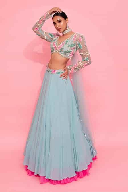 Buy Blue Organza, Net, Crepe Pearls, Cut Work V-neck Embroidered ...