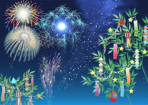 「おしゃれ七夕-綺麗な夜空に天の川と花火の背景イラスト／夏」イラスト素材 - 超多くの無料かわいいイラスト素材