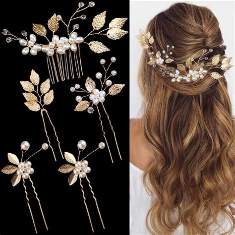 Amazon.com : 5 PCS Bridal Wedding Hair Pins Gold Leaf Crystal Pearl ...