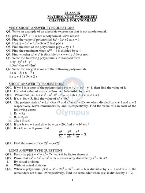 Image result for Maths Problems Polynomials Class 9 Worksheet