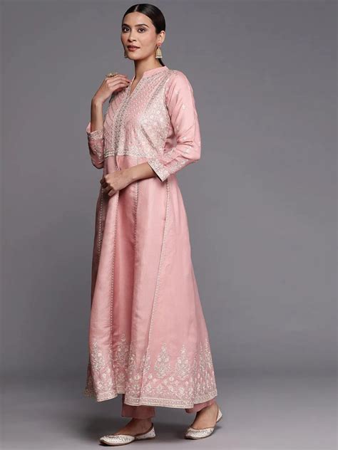 Buy Libas Art Peach Embroidered Silk Blend A-Line Kurta With Trousers ...