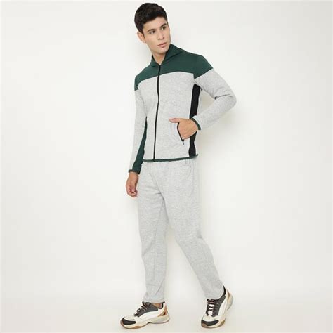 wavecolour | Men Grey & Green Colourblocked Cotton Tracksuit