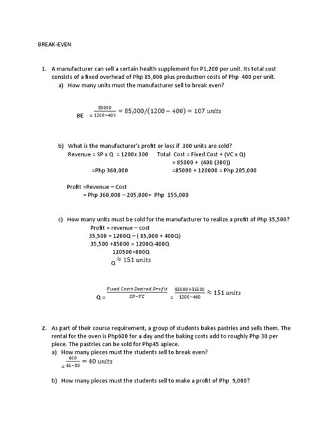 Image result for Break-Even Analysis Example Questions