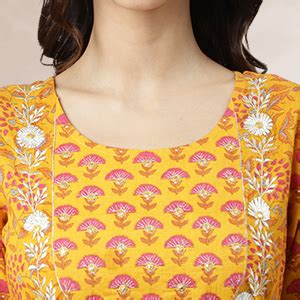 Janasya Women's Mustard Cotton Floral Print Flared Kurta : Amazon.in ...