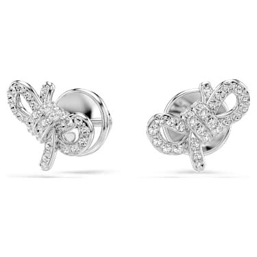 Lifelong stud earrings, Pavé, Bow, White, Rhodium plated | Swarovski