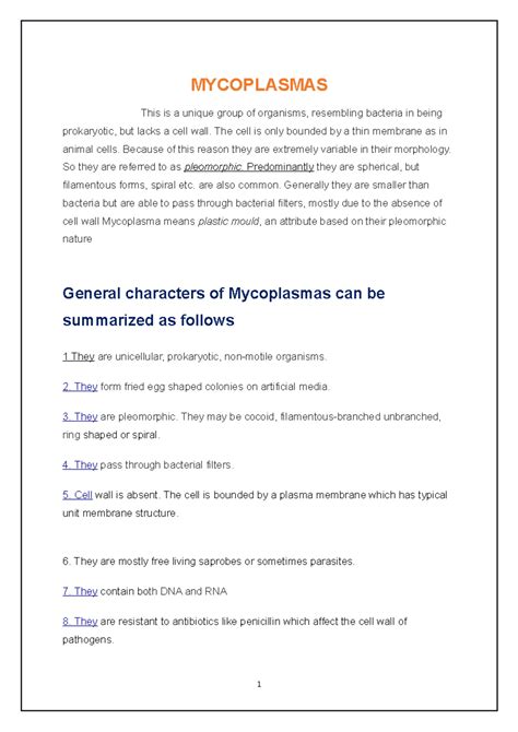 Mycoplasmas - Useful - MYCOPLASMAS This is a unique group of organisms ...