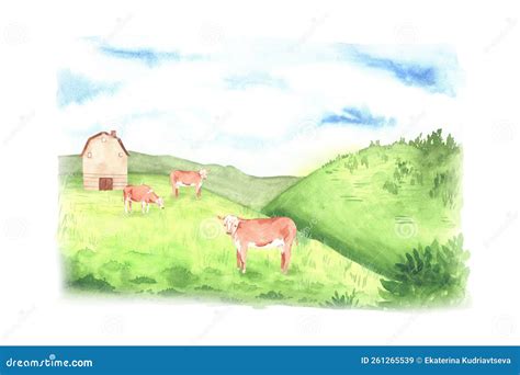Landscape with Green Hills, Grazing Cows and a Barn. Watercolor ...
