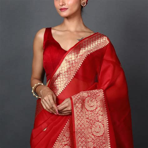 Red Chand Tara Kora Banarasi Saree With Blouse Piece – Ethnic Boutique