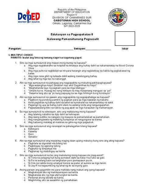 Image result for Answer Key Grade 8 ESP