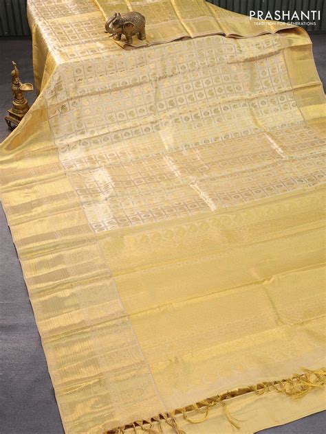 Pure kanjivaram tissue silk saree gold with allover zari woven brocade ...