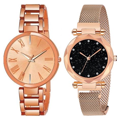 FROZIL Analog Rosegold Dial Stainless Steel Magnetic Belt Watch Combo ...