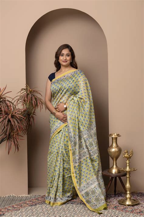 Chanderi cotton silk hand block light green saree