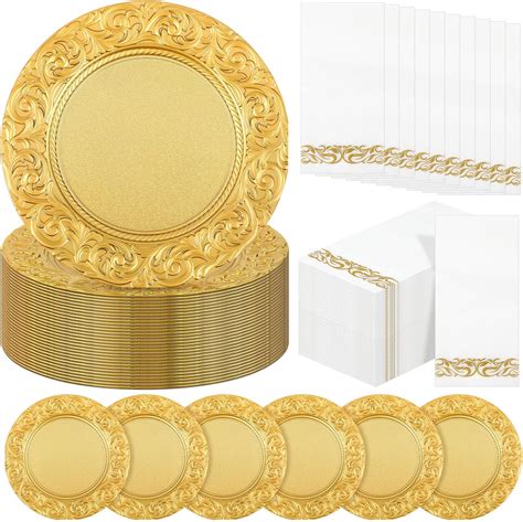 Amazon.com | FoldTier 50 Set (100 Pcs) Gold Charger Plates Set 50 Pcs ...