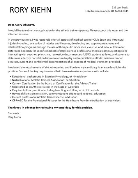 Athletic Trainer Cover Letter | Velvet Jobs